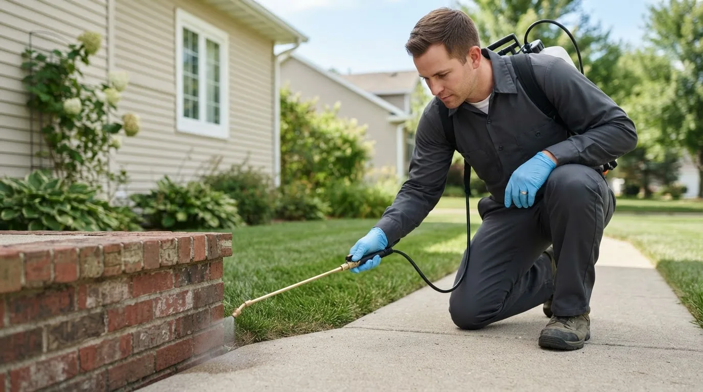 Pest control technician treating a home near Fieldale, VA